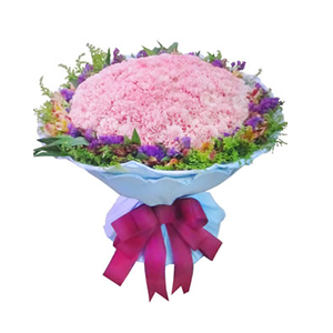 鲜花/永远健康:99枝粉色康乃馨，水仙百合
包 装:淡蓝色卷边纸圆