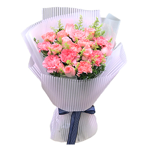 鲜花/简单的爱: 9支粉色康乃馨，9支粉色玫瑰,黄莺满、天星辅材