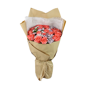 鲜花/最相思:19枝粉玫瑰
包 装:复古牛皮包装纸，白色网编扇形