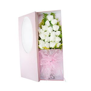 鲜花/遇见幸福: 19枝白玫瑰。
 [包 装]：粉色雪点网纱束