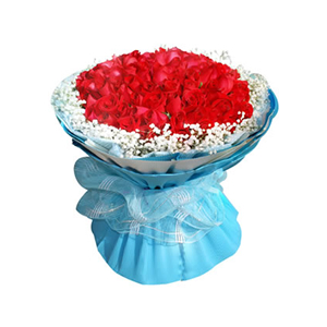 鲜花/蓝色之恋:99枝红玫瑰
包 装:蓝色雪点纸内衬，白色、天蓝色