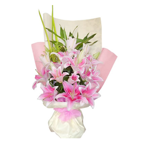 鲜花/勇敢爱:粉色香水百合10只
[包 装]：浅色和粉色皱纹