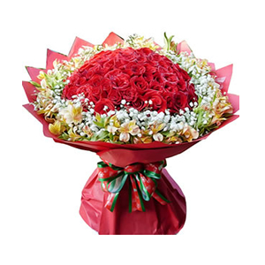 鲜花/恋香久久:66枝红玫瑰，水仙百合围绕
包 装:红色皱纹纸圆形