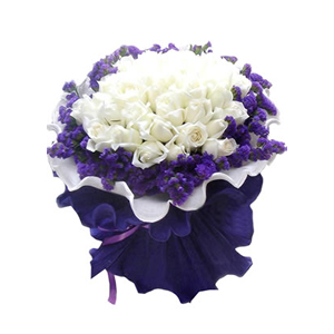 鲜花/相约永久: 29支白玫瑰，紫色勿忘我围绕
 [包 装]：