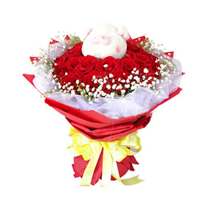 鲜花/我们的幸福: 22枝红玫瑰
 [包 装]：红色手揉纸圆形包