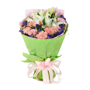 鲜花/盈盈笑语:粉色康乃馨11枝、2枝多头白色香水百合
包 装:浅