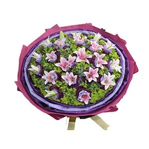 鲜花/爱的祝福: 19朵粉百合，蓝色斑点棉纸，深紫色纱网双层独立