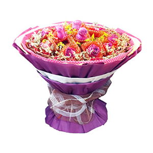 鲜花/幸福无双: 11枝紫玫瑰红色纱网单独包装
 [包 装]：