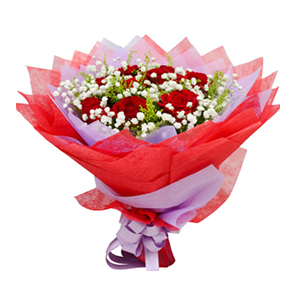 鲜花/唯爱一生: 9枝红玫瑰
 [包 装]：紫色、红色棉纸包装