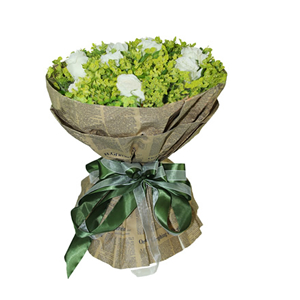 鲜花/分分钟需要你:11朵白玫瑰
包 装:复古英文纸包装，墨绿色和透明