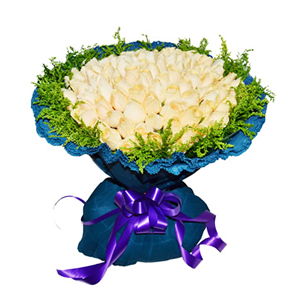 鲜花/冬日恋歌:66枝香槟玫瑰
包 装:蓝色卷边纸包装，紫色丝带束