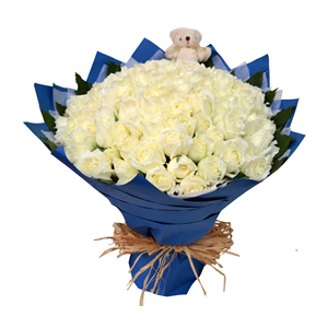 鲜花/有你足够:99枝白玫瑰
包 装:白色棉纸内衬，深蓝色皱纹纸多