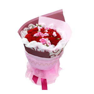 鲜花/妈妈的吻:21枝红色康乃馨
包 装:白色棉纱围边，粉色、暗红