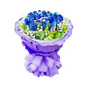 鲜花/蓝色萤火虫:29枝蓝色妖姬。
包 装:白色瓦楞纸内衬，紫色卷边