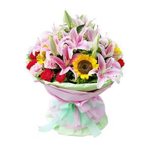 鲜花/放你在心底:6枝向日葵，9枝红色康乃馨，3枝粉色康乃馨，10枝粉