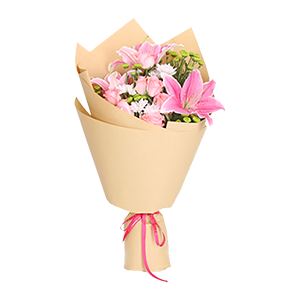 鲜花/玫瑰百合花束: 6枝粉玫瑰，1枝多头香水百合
 [包 装]：