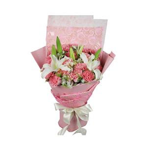 鲜花/母爱:21枝粉色康乃馨，2枝多头百合。
包 装:韩式雪花