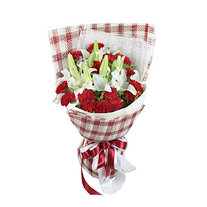 鲜花/你是我的骄傲:16枝红色康乃馨、3枝多头香水百合
包 装:白色韩