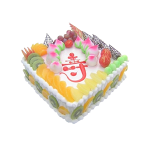 蛋糕/福满堂: 方形鲜奶水果蛋糕，时令水果装饰，水果围边
 