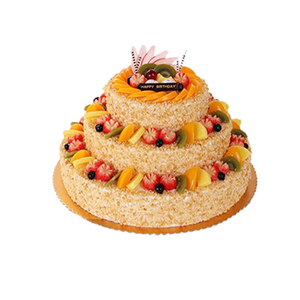 蛋糕/一眼倾城:三层圆形鲜奶水果蛋糕，各色时令水果艺术装饰，果仁碎屑